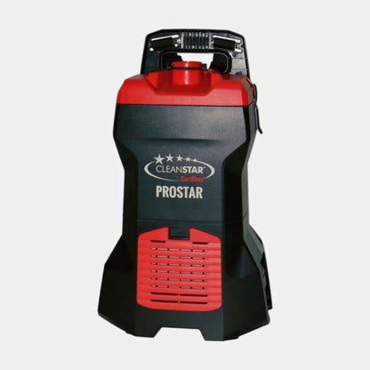 Cleanstar Prostar garden pressure washer in black and red, featuring a top handle and a vented lower section, shown against a light gray background.