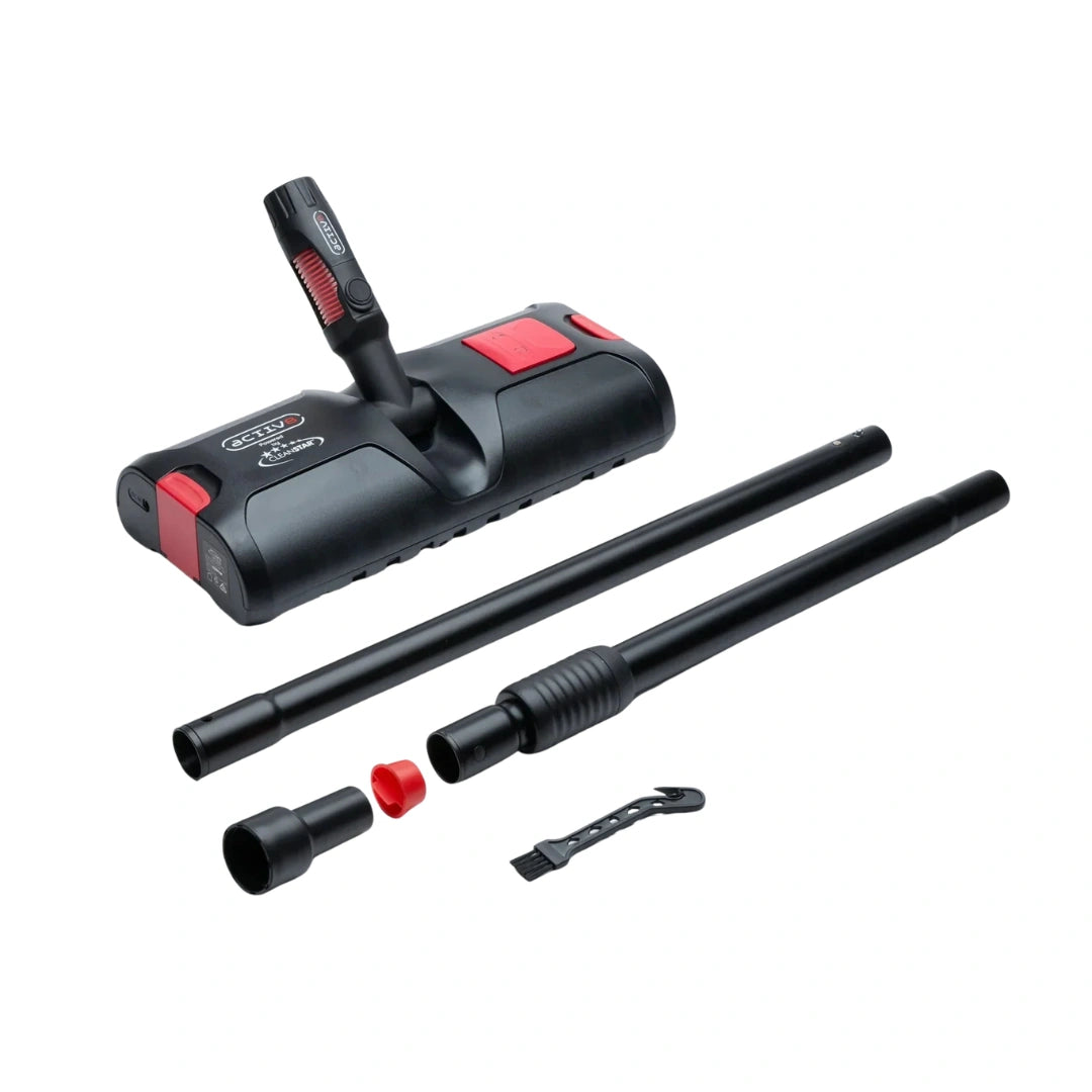 Black and red vacuum attachment kit with a handheld wand, two long extension tubes, a hose connector, and a small cleaning brush, shown on a plain white background.