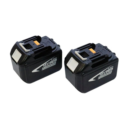 Two black cordless power tool batteries with white and orange branding, displayed on a clean white background.