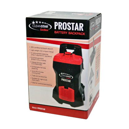 CleanStar Cordless Prostar Battery Backpack product packaging box, featuring a black and red vacuum backpack design on the front of the retail box.