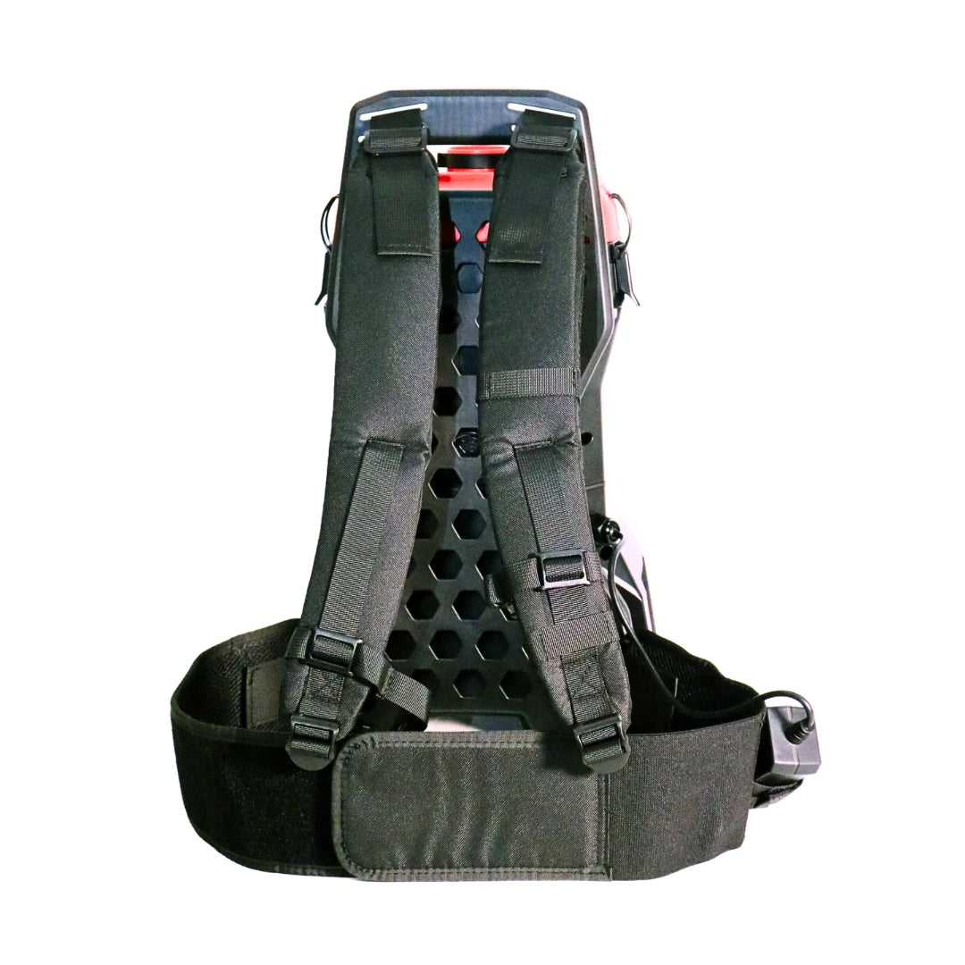 Black tactical shoulder harness with adjustable straps, a perforated back panel, and a waist belt, shown from the back on a white background.