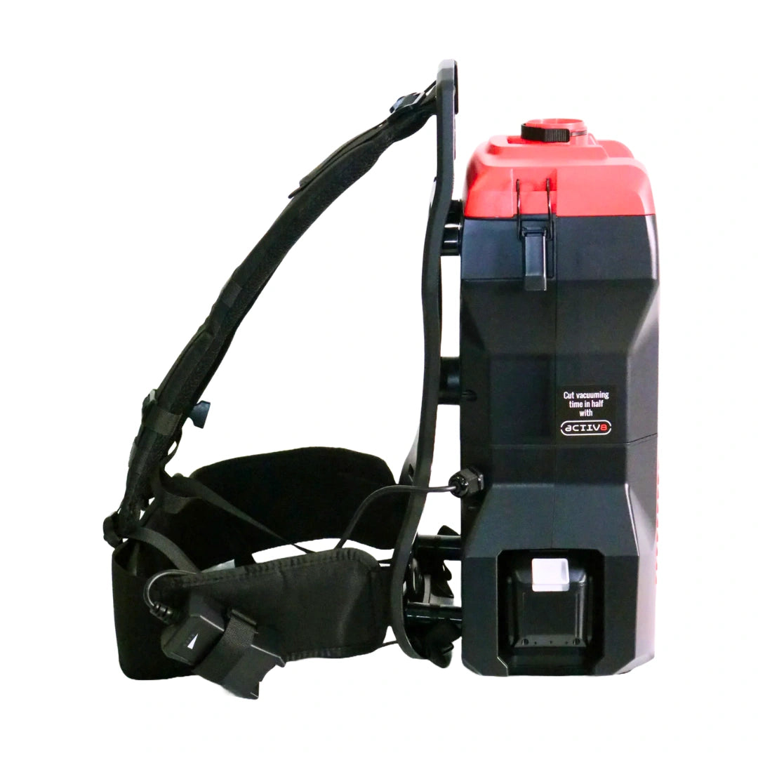 A backpack-style air pump with a black body, red top cap, and black shoulder strap, shown on a plain white background. The brand name 'ACTIVP' is visible on the front.