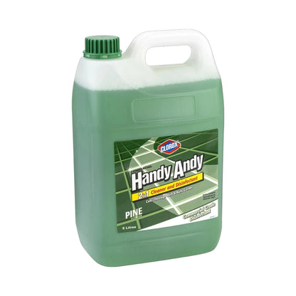 An 8-liter plastic jug of Flodin Handy Andy Pine cleaner and disinfectant, featuring a translucent green body, a white handle, and a green cap, set against a plain white background.