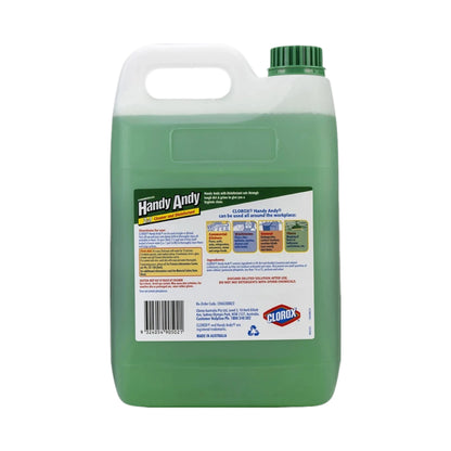 A large plastic jug of Handy Andy Multi-Use Hand Wash with Clorox brand logo, filled with green liquid, featuring a white handle and a green cap, on a white background.