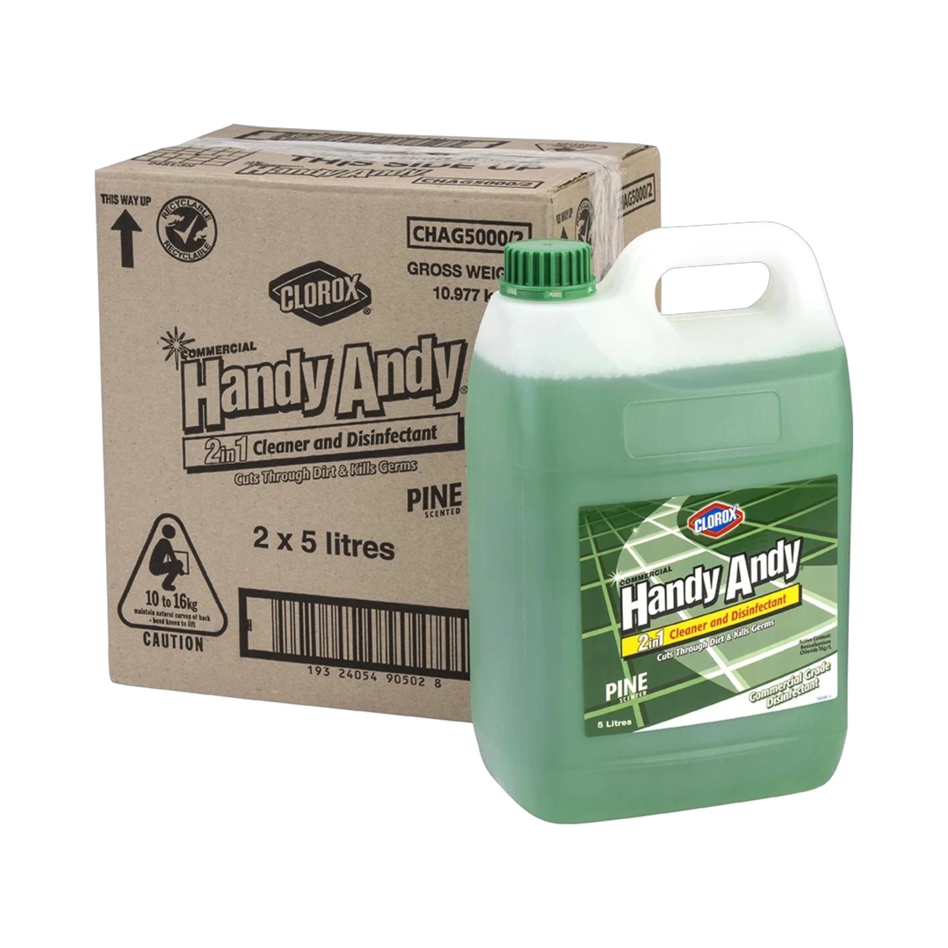 A 5-liter jug of HandyAndy Pine 2-in-1 Cleaner and Disinfectant with a green cap and handle, shown in front of its brown cardboard warehouse box. The Clorox logo is visible on both the jug label and the box.