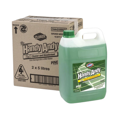 A 5-liter jug of HandyAndy Pine 2-in-1 Cleaner and Disinfectant with a green cap and handle, shown in front of its brown cardboard warehouse box. The Clorox logo is visible on both the jug label and the box.