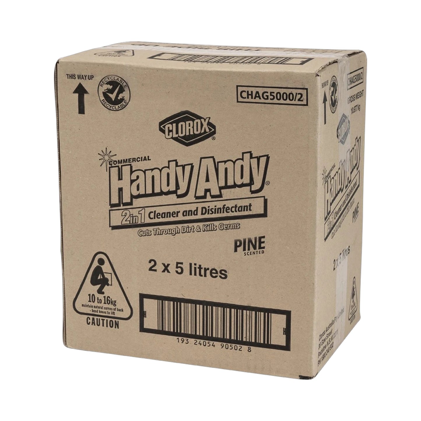 A cardboard box of Clorox Handy Andy 2-in-1 Cleaner and Disinfectant, 2 x 5 litres, shown on a plain white background.