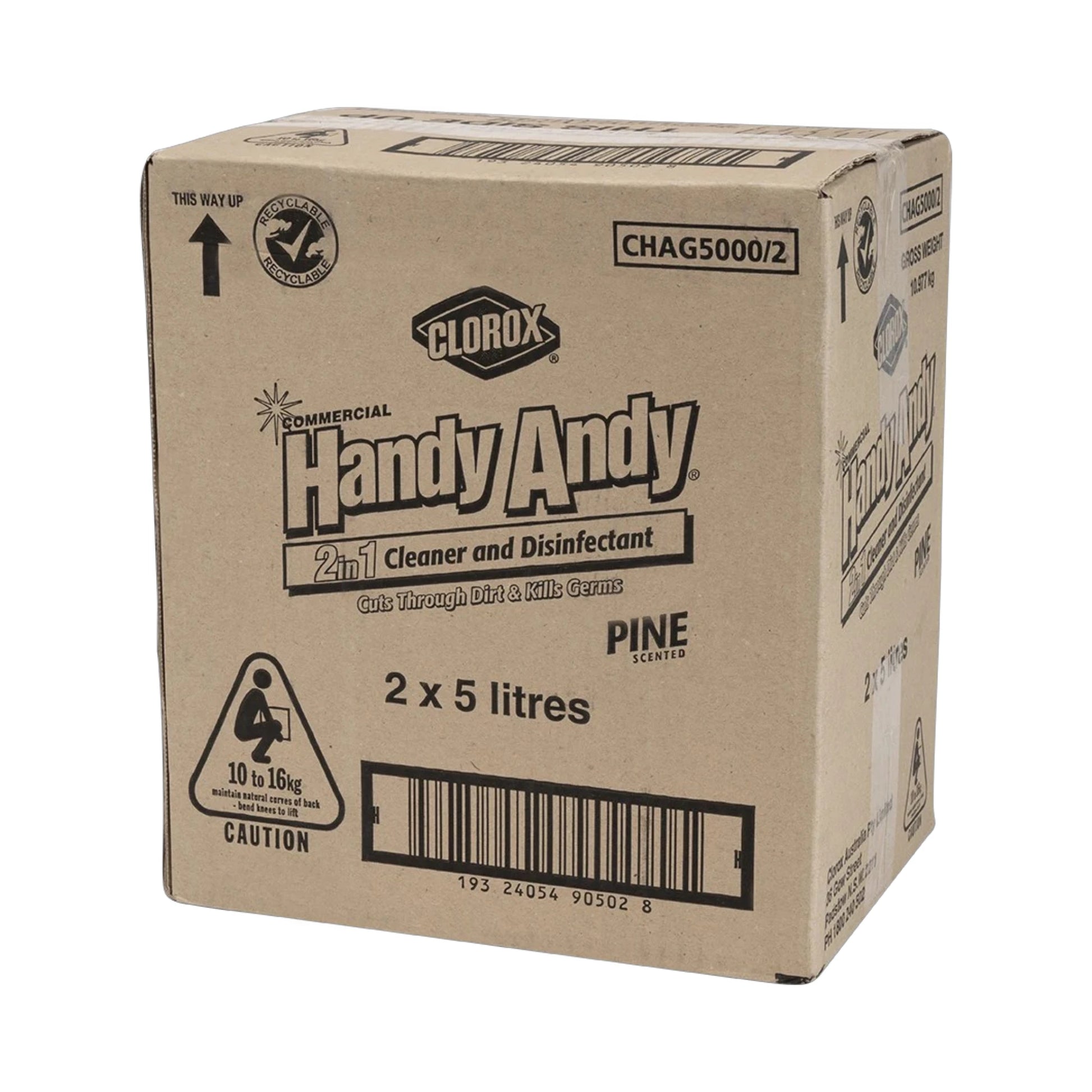 A cardboard box of Clorox Handy Andy 2-in-1 Cleaner and Disinfectant, 2 x 5 litres, shown on a plain white background.