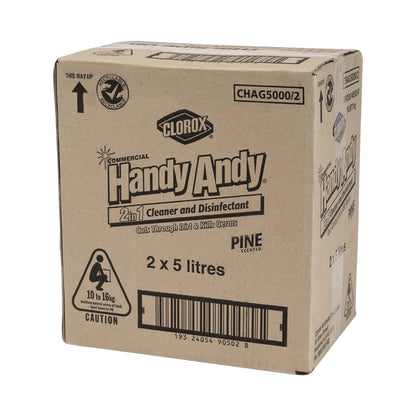 A cardboard box of Clorox Handy Andy 2-in-1 Cleaner and Disinfectant, 2 x 5 litres, shown on a plain white background.
