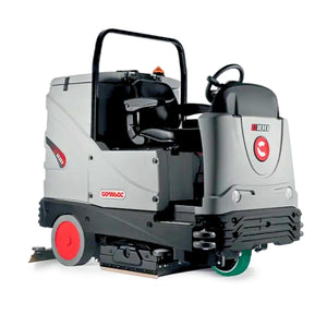 A compact industrial floor care vehicle with a gray and black body, red wheels, and a black steering cab, photographed on a plain white background.
