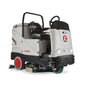 A compact drive-cleanse machine with a light gray body, black seat and steering wheel, red wheels, and a green front tire, photographed on a plain white background.