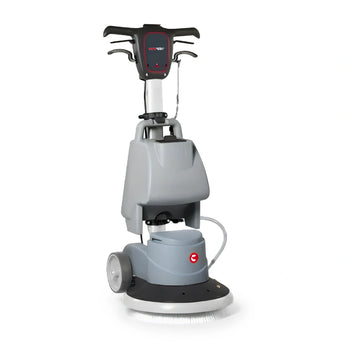 A cordless floor buffer and cleaner machine with a gray and black body, featuring a digital control handle, a circular rotating pad, and a white cleaning brush, shown on a solid white background.