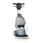 A cordless floor buffer and cleaner machine with a gray and black body, featuring a digital control handle, a circular rotating pad, and a white cleaning brush, shown on a solid white background.