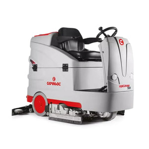 A gray and red Cowlinc OptiDrive 9100 industrial riding floor cleaner shown from a three-quarter angle on a white background.