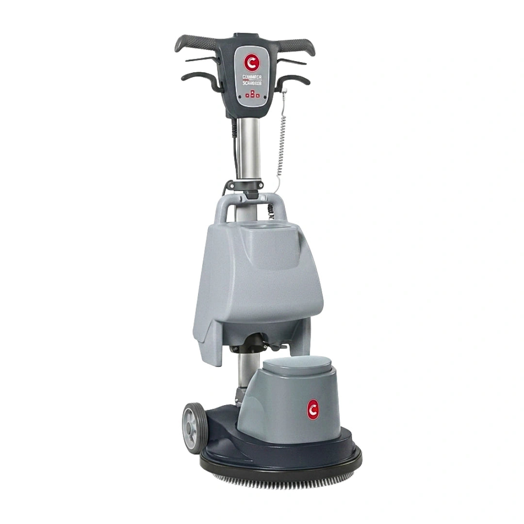 A cordless floor buffer and cleaner machine with a gray and black body, featuring a digital control handle, brush pad, and a small red circular logo on a white background.