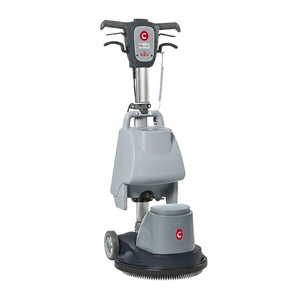 A cordless floor buffer and cleaner machine with a gray and black body, featuring a digital control handle, brush pad, and a small red circular logo on a white background.