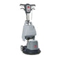 A cordless floor buffer and cleaner machine with a gray and black body, featuring a digital control handle, brush pad, and a small red circular logo on a white background.