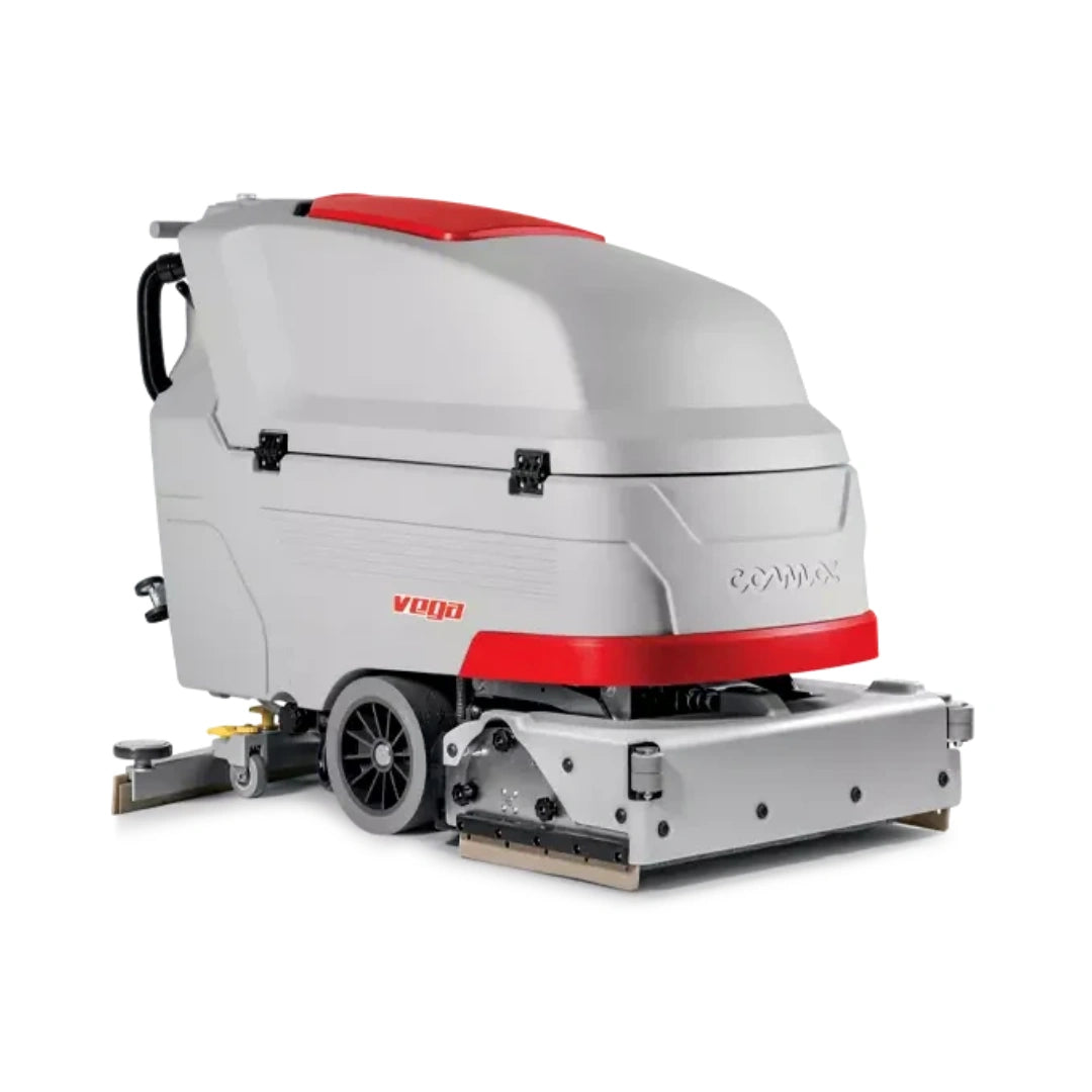 A Vaporesso CommoClean commercial side-by-side cleaning machine, featuring a light gray body with red accents and a silver scrubbing deck, shown from a three-quarters angle on a white background.