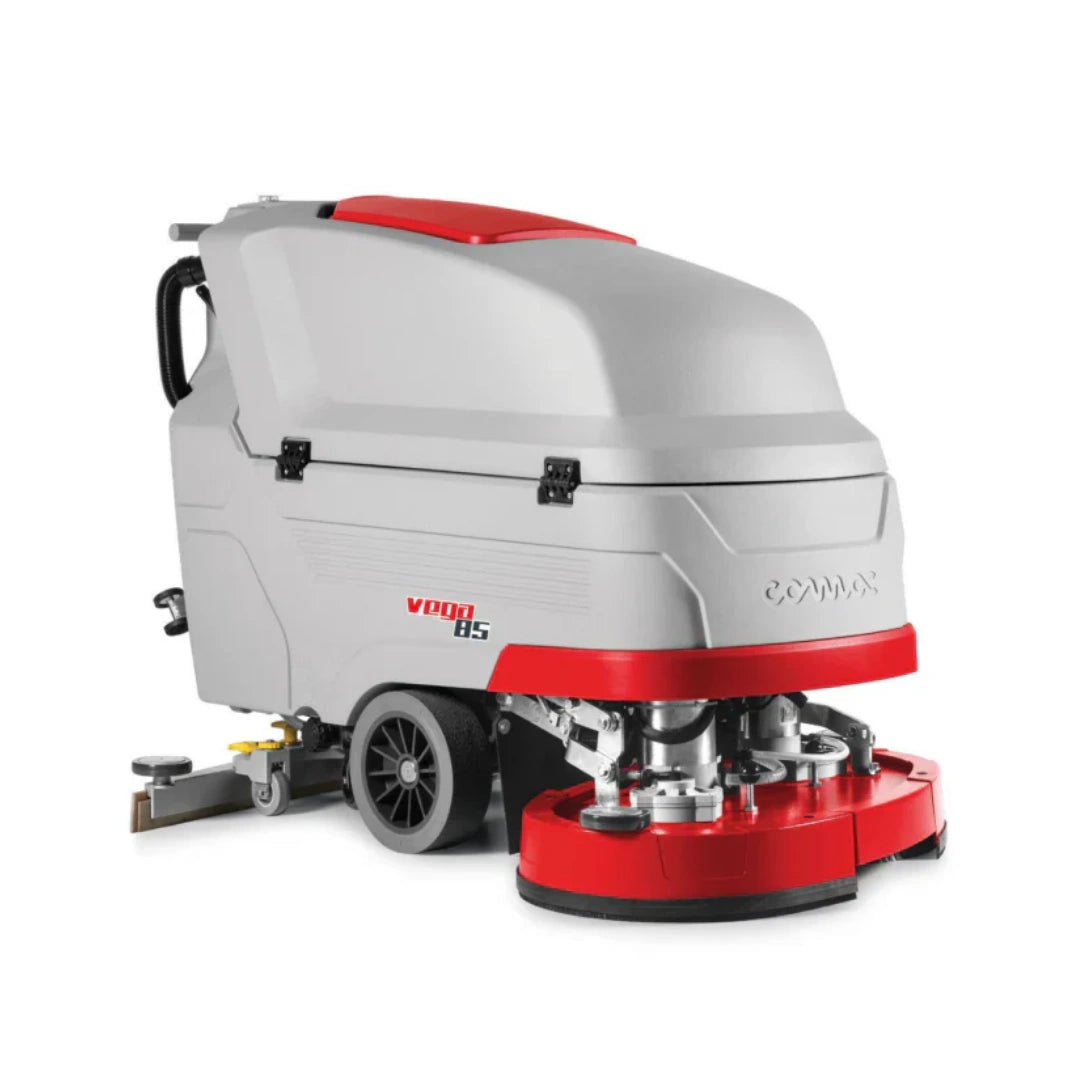 A Volvo B8 skid steer cleaning machine with a gray body and red accents, shown from a three-quarter angle on a white background.