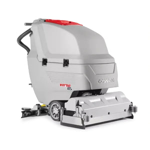 A compact commercial floor cleaner and scrubber machine in light gray with a red top lid and red branding, shown on a plain white studio background.
