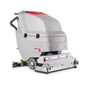 A compact commercial floor cleaner and scrubber machine in light gray with a red top lid and red branding, shown on a plain white studio background.