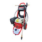 A portable gas-powered pressure washer with a red metal frame, black hose, red wheels, a white and red engine, and a spray wand, shown on a plain white background.