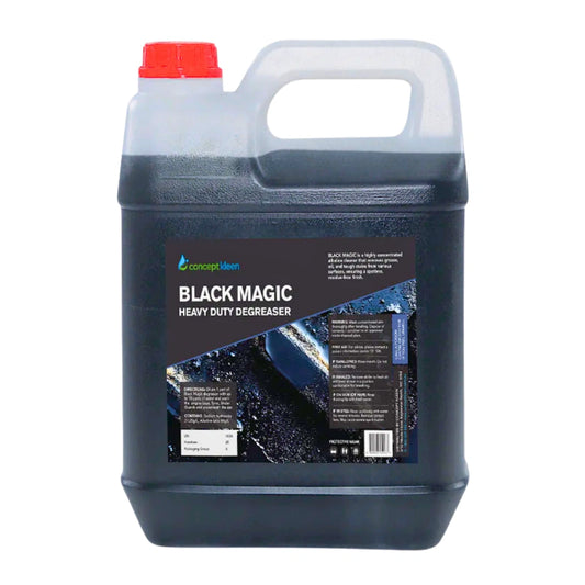 A 20-liter plastic jug of Concept One Black Magic Heavy Duty Degreaser with a red cap and a dark label, shown on a plain white background.