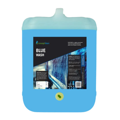 A large plastic jerrycan of Concept Kleen Blue Wash cleaner, featuring a light blue body, a matching light blue spout lid, and a black product label on the front.