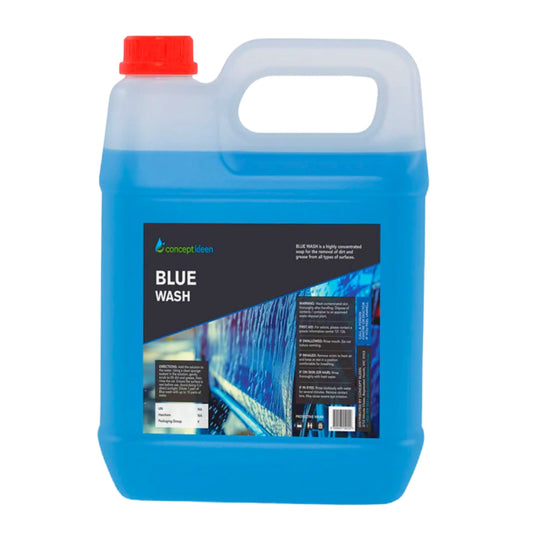 A 5-liter plastic jug of Concept Clean Blue Wash car cleaner with a translucent blue liquid, a red cap, and a black label on a white background.