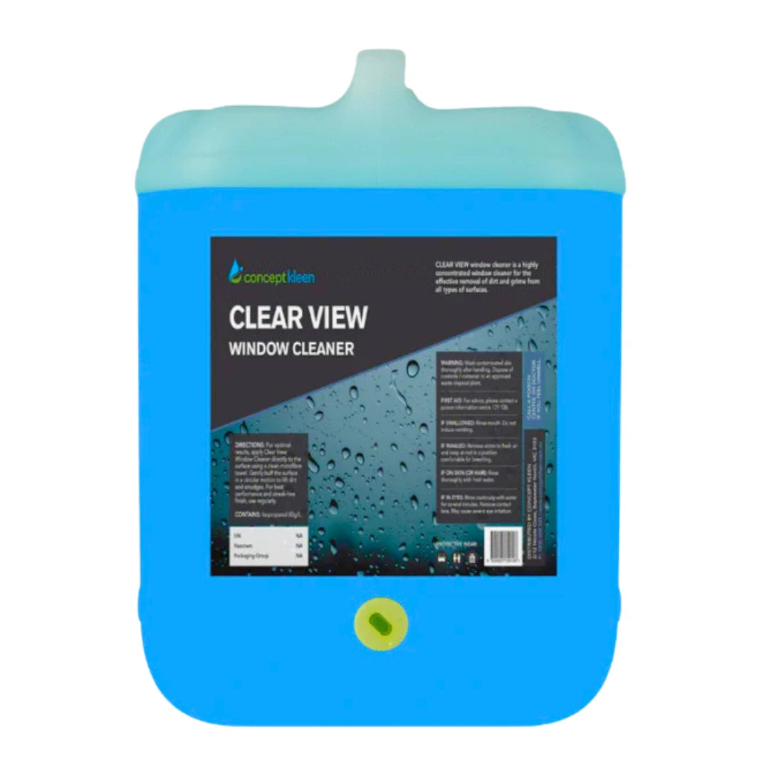 A large blue plastic jug of Concept Clean Clear View Window Cleaner with a black and white label, set against a plain white background.