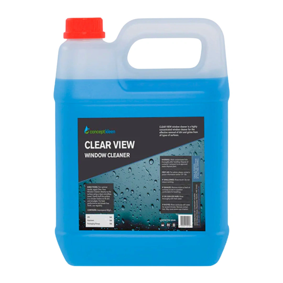 A 4-liter plastic jug of ConceptClean Clear View Window Cleaner with a translucent blue body, a red cap, and a black label on a white background.