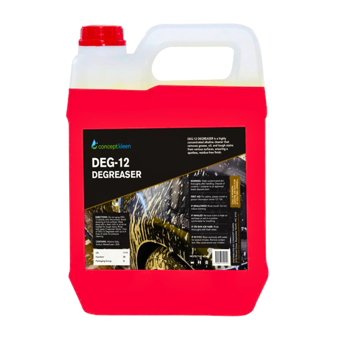 A 20-liter plastic jug of Concept Clean DEG-12 Degreaser with a bright red body, white handle and cap, and a black label.