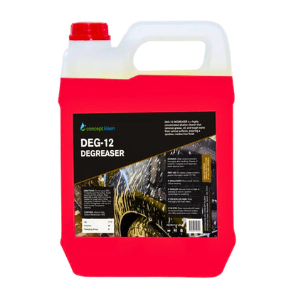 A 20-liter plastic jug of Concept Clean DEG-12 Degreaser with a bright red body, white handle and cap, and a black label.