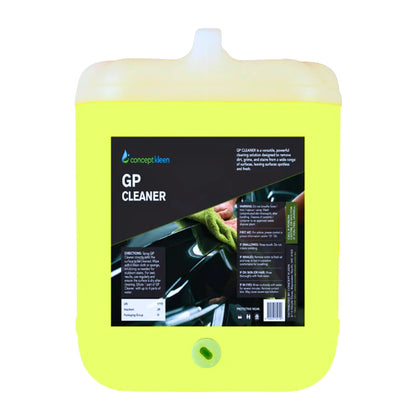 A large plastic jug of Concept Klein GP Cleaner in a bright neon yellow-green color, featuring a black label with product details and a white spout cap on a white background.