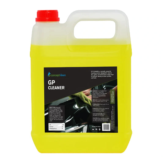 A large plastic jug of Concept Idea GP Cleaner with a bright yellow liquid, a red cap, and a black label, shown on a plain white background.