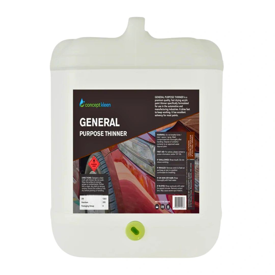 A large white plastic jerrycan of Concept Idea General Purpose Thinner with a black and red label, shown on a plain white background.