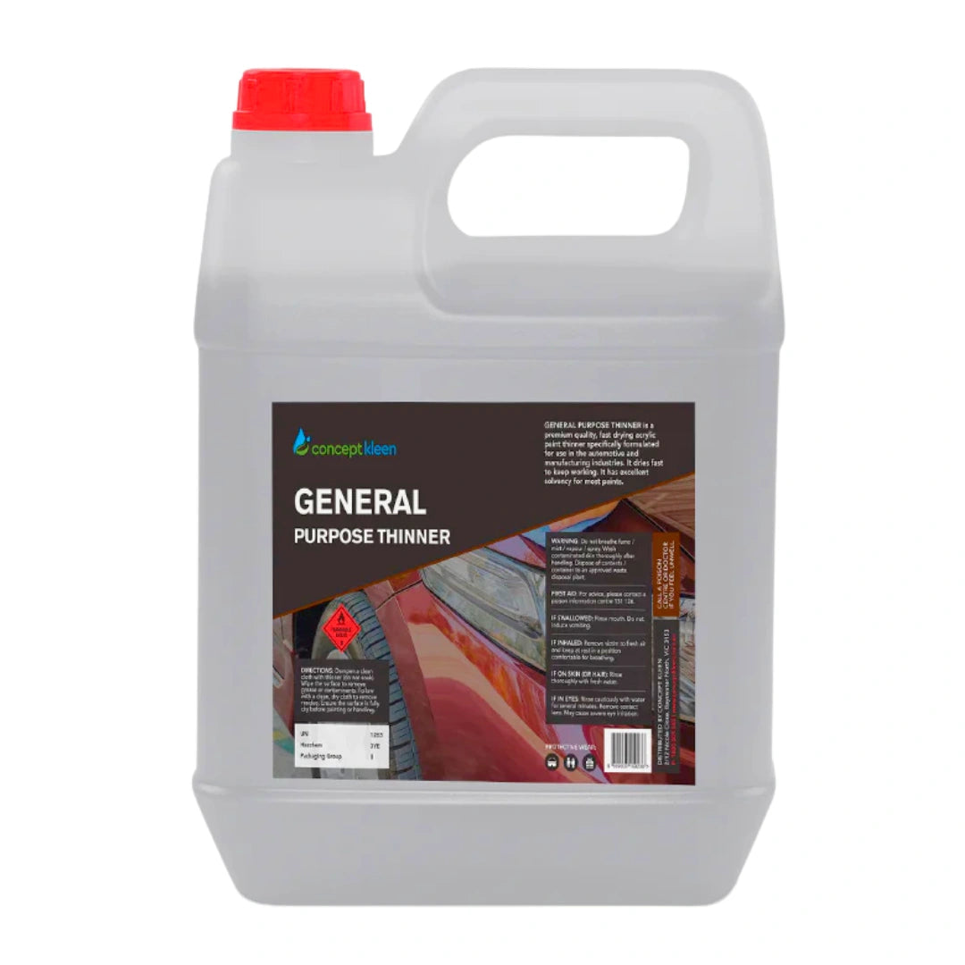 A 20-liter translucent plastic jug of Concept Meen General Purpose Thinner with a red cap and a dark brown label, shown on a plain white background.