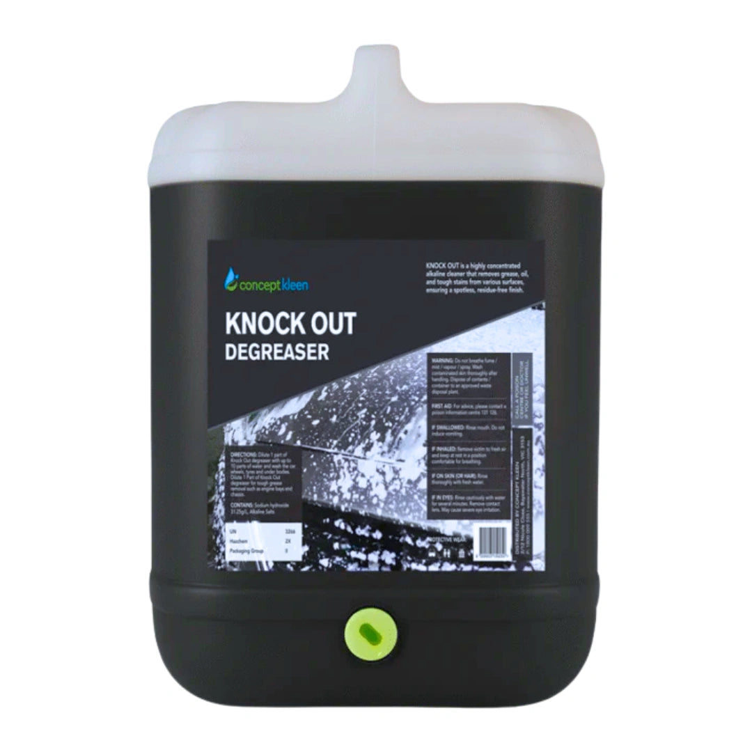 A 20-liter black plastic canister of 'Knock Out Degreaser' by 'Seacoal Clean' with a white lid and a green circular valve at the bottom, shown on a plain white background.