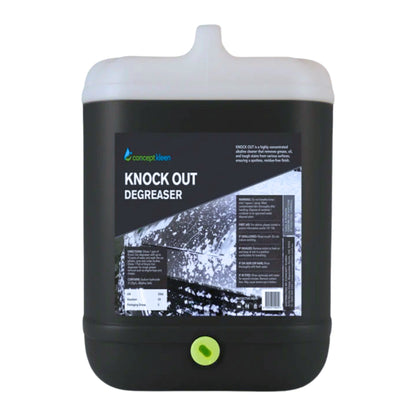 A 20-liter black plastic canister of 'Knock Out Degreaser' by 'Seacoal Clean' with a white lid and a green circular valve at the bottom, shown on a plain white background.