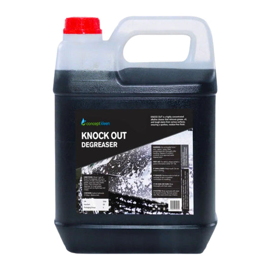 A 20-liter plastic jug of Concept Clean Knock Out Degreaser with a red cap, on a white background.