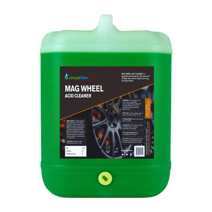 A green plastic canister of Conceptkleen Mag Wheel Acid Cleaner with a black label and a small yellow cap, isolated on a white background.