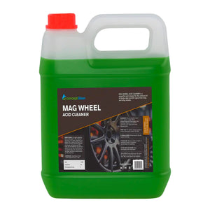A 5-liter plastic jug of Concept Clean Mag Wheel Acid Cleaner, filled with bright green liquid, featuring a red cap and a black label with a car wheel graphic.