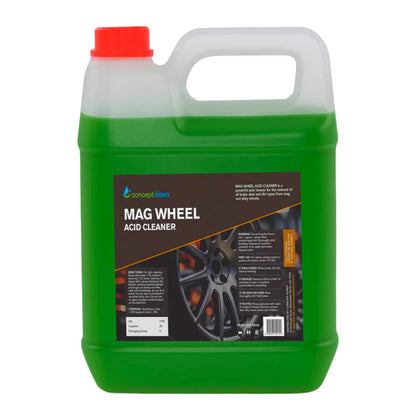 A 5-liter plastic jug of Concept Clean Mag Wheel Acid Cleaner, filled with bright green liquid, featuring a red cap and a black label with a car wheel graphic.
