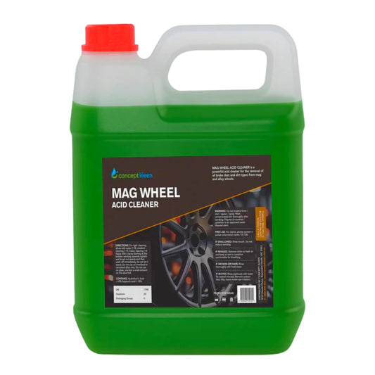A 5-liter plastic jug of Concept Clean Mag Wheel Acid Cleaner, filled with bright green liquid, featuring a red cap and a black label with a car wheel graphic.