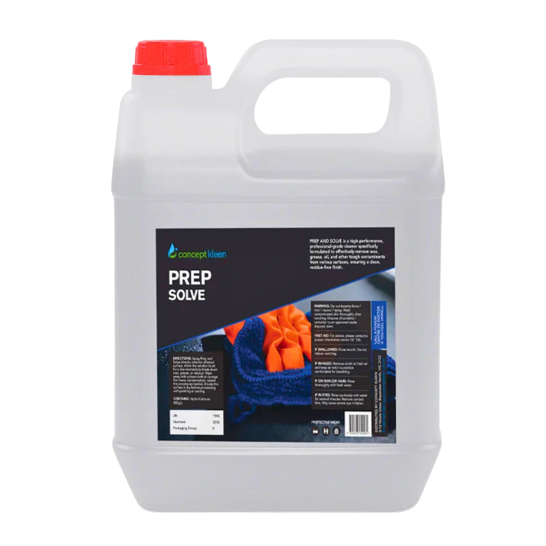A 10-liter white plastic jug of Concept Clean Prep Solve cleaning solution with a red cap, shown on a plain white background.
