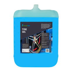 A large translucent blue plastic jug of Concept Clean Tyre Gel with a black and white label, isolated on a white background.