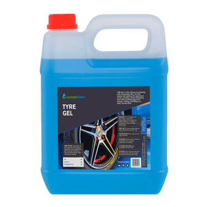 A 5-liter plastic jug of Concept Ideen Tyre Gel, featuring a translucent blue body, a red cap, and a black label with a car wheel graphic.