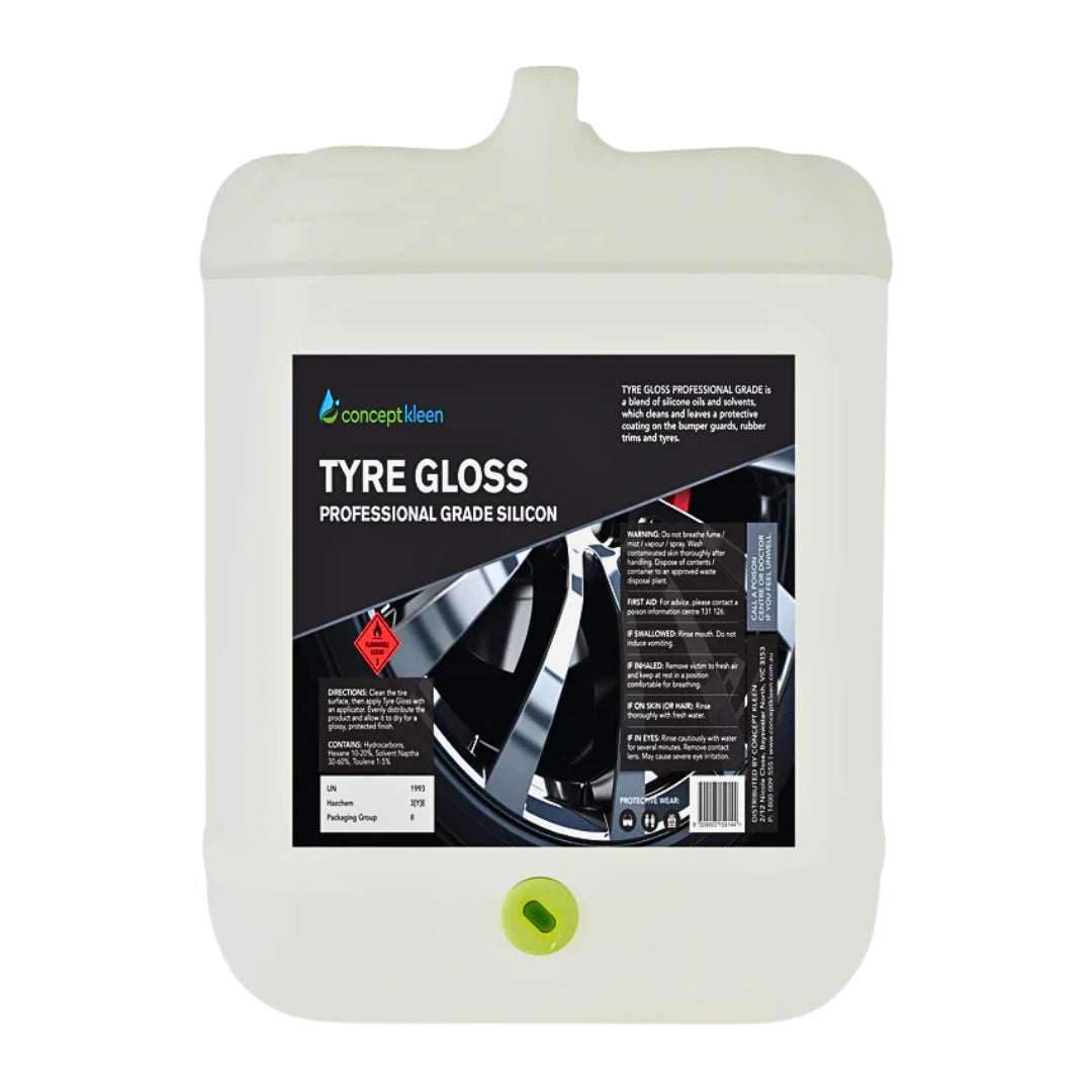 A large white plastic jerrycan of Concept Clean Tyre Gloss Professional Grade Silicon on a plain white background.
