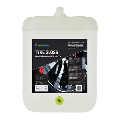 A large white plastic jerrycan of Concept Clean Tyre Gloss Professional Grade Silicon on a plain white background.