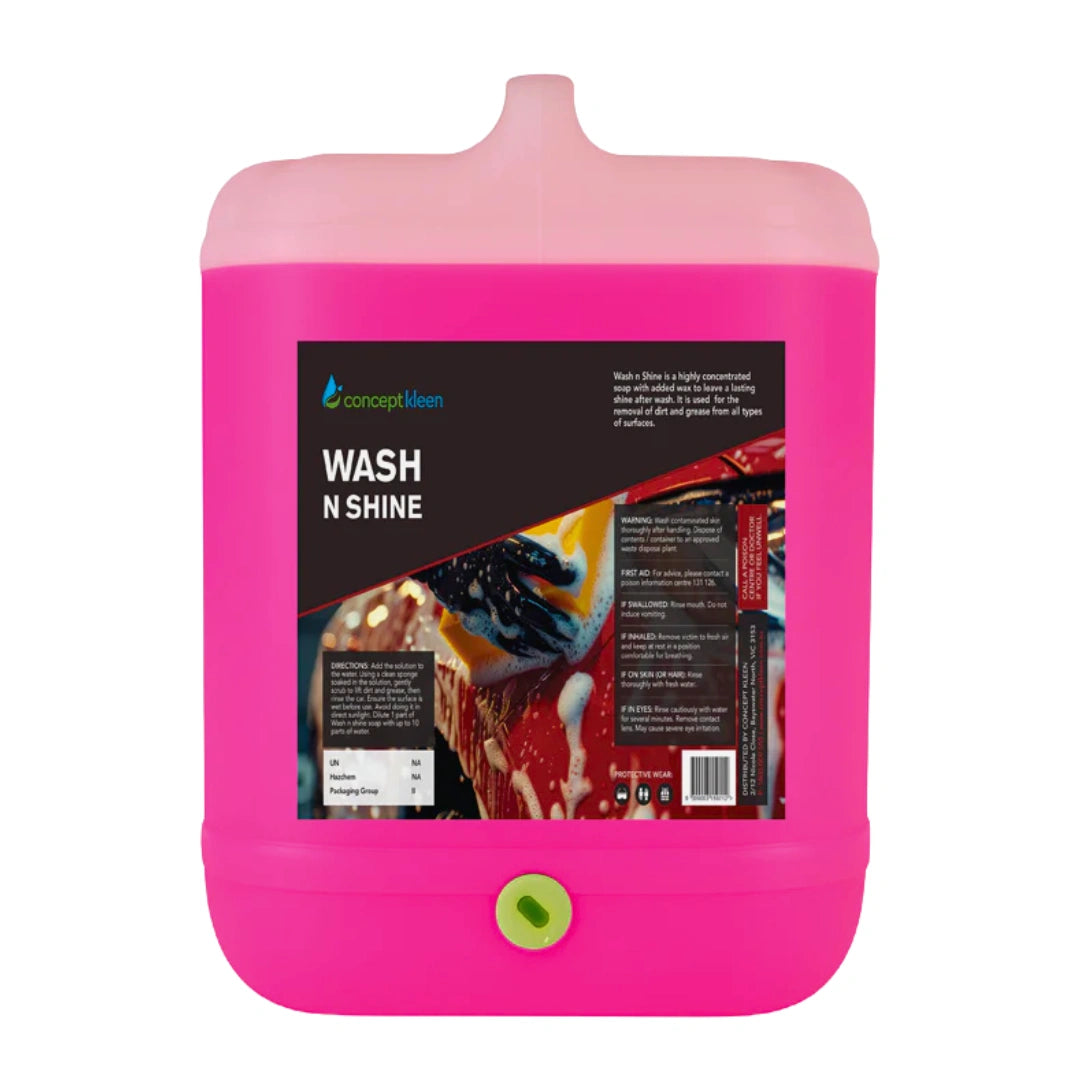 A large bright pink plastic jerrycan with a spout, featuring a front label for Conceptkeen Wash N Shine, and a small green circular cap or valve at the bottom center, shown on a plain white background.